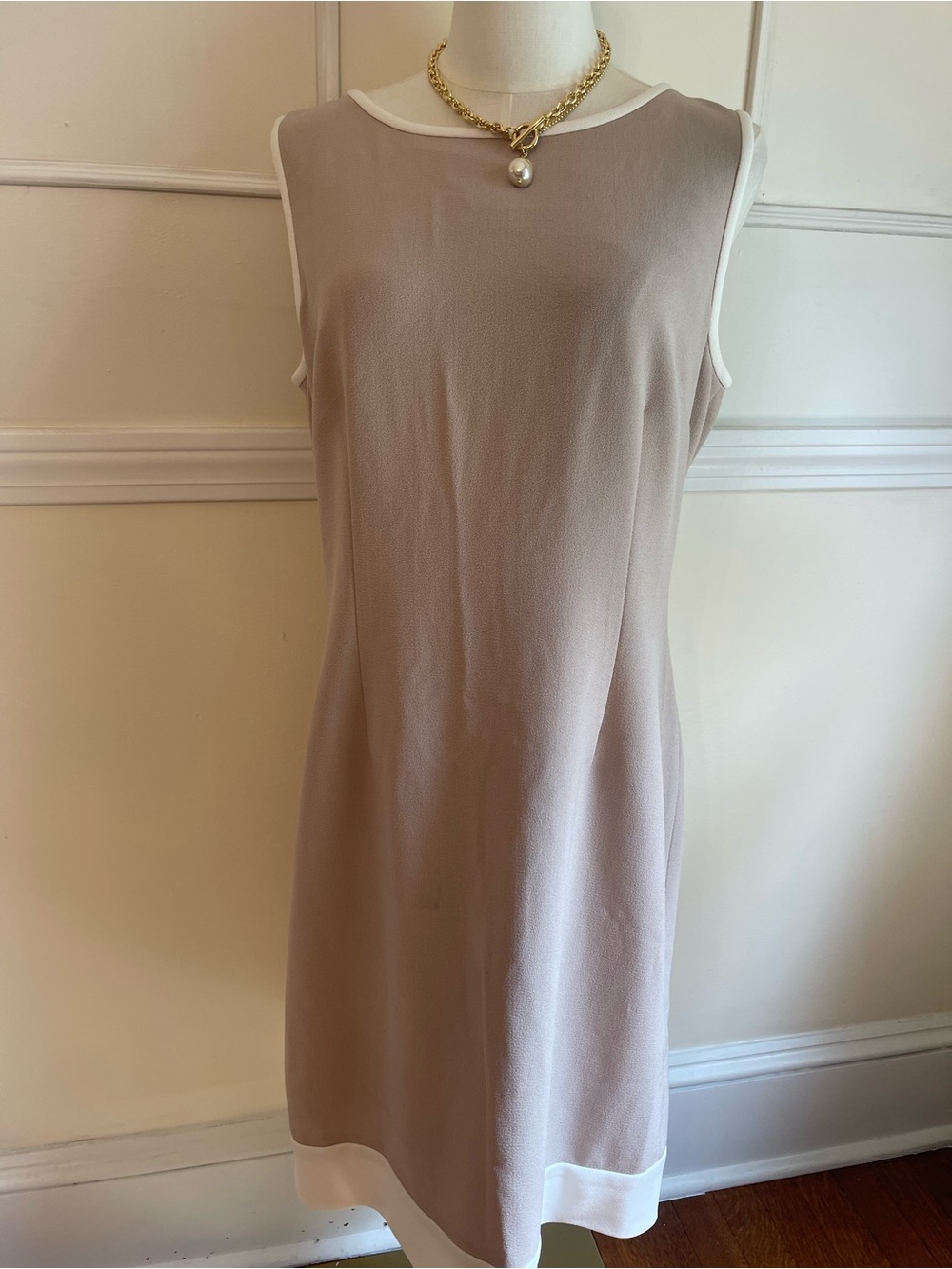 Preston & York Taupe Shift Dress with White Trim